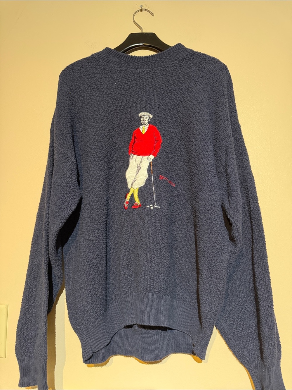 Vintage cotton Navy Crewneck Sweater with Red Golfer Embroidery
